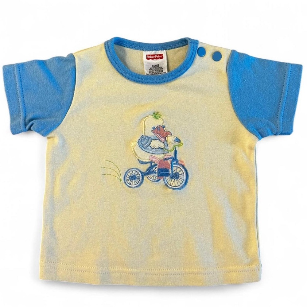 Vintage Yellow and blue Fisher Price baby tee with duck on bike